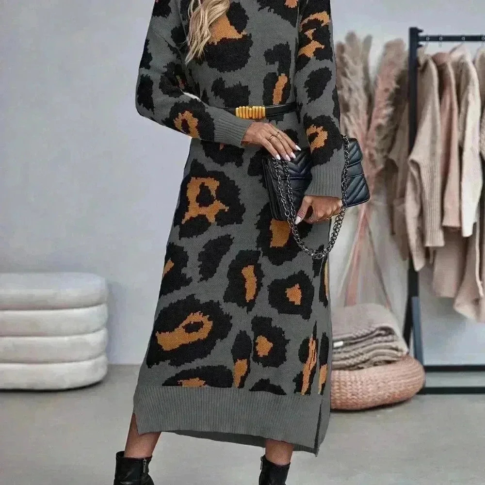 Multicolor Casual Women's Leopard Print Turtleneck Sweater Dress - Picture 6 of 6
